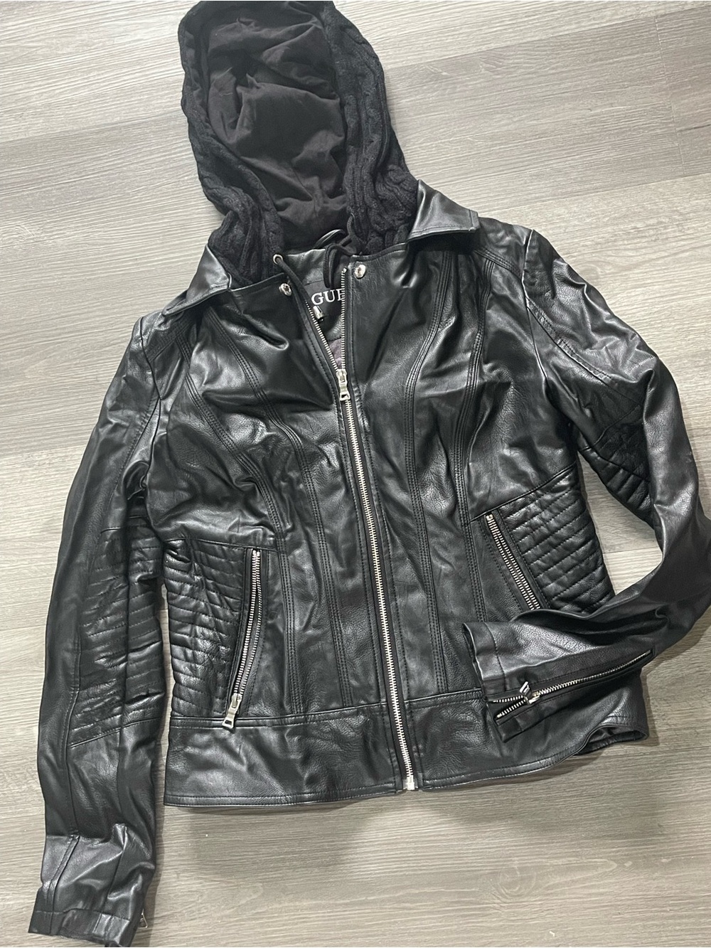 GUESS Black Quilted Hooded Leather Jacket with Silver Hardware